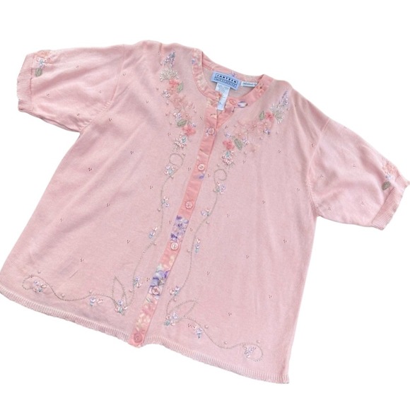 Jantzen Classics Sweaters - Vintage '90s Jantzen Classics Pink Embroidered Button Cardigan Sweater XL